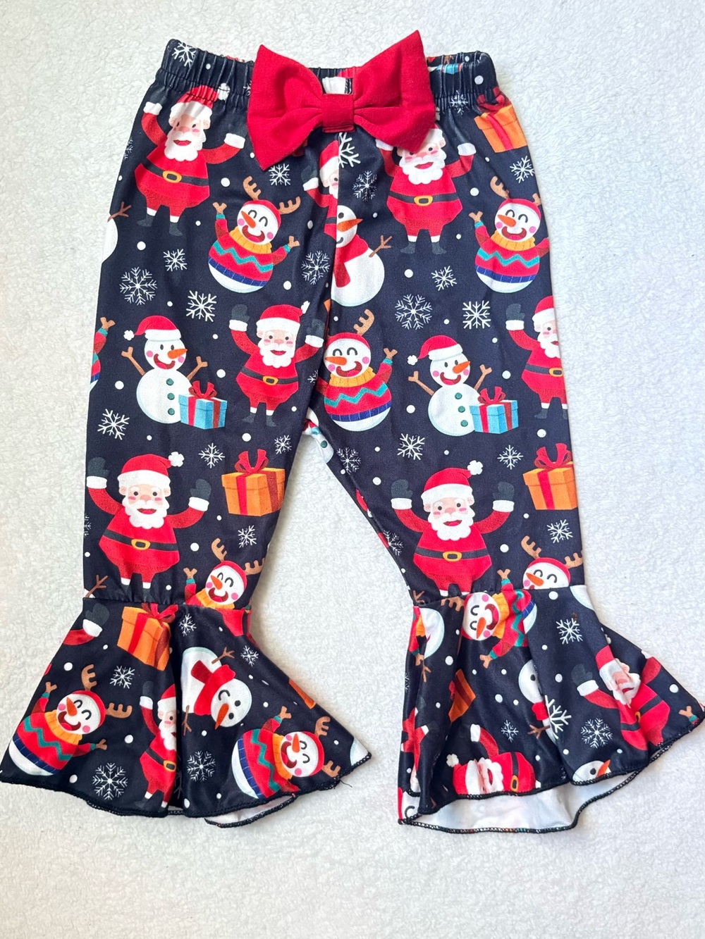 Baby Black Holiday Santa & Snowman Ruffle Leggings with Red Bow Accent